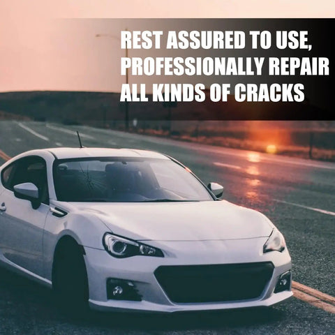 White car on road at sunset with text highlighting repair capabilities of Two Pack Windshield Crack Repair Kit With Premium Nano Repair Fluid For Auto Glass And Windshield Quick Fix DIY Car Glass Repair Tools To Save Time And Cash Durable Easy To Use Home Repair Set For Cracks And Chips.