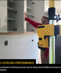 Self-leveling Top Shelf Green Beam Cross Line Laser bundle in use for precise cabinet alignment on job site.