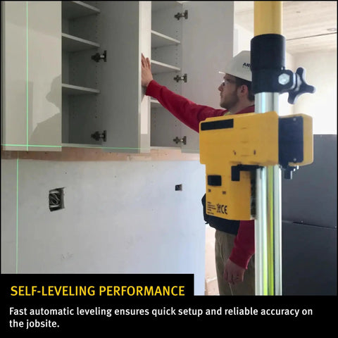 Self-leveling Top Shelf Green Beam Cross Line Laser bundle in use for precise cabinet alignment on job site.