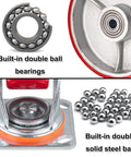 Close-up of heavy duty polyurethane caster wheels set of 4 with locks showing built-in double ball bearings and solid steel balls.
