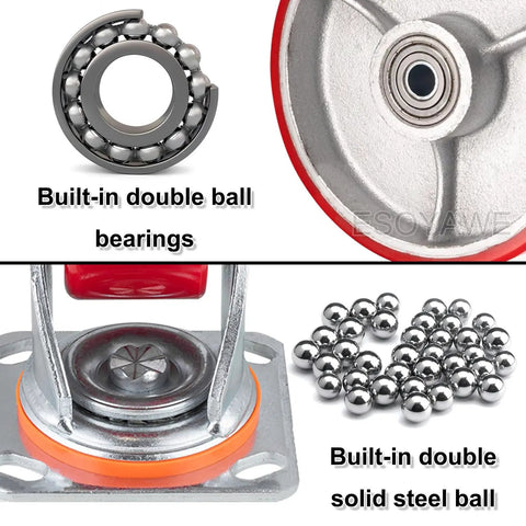 Close-up of heavy duty polyurethane caster wheels set of 4 with locks showing built-in double ball bearings and solid steel balls.