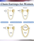 Four Pair Chain Earrings For Women With CZ Ball Studs, Dangling Front To Back Bar Huggie Hoops, Gold Tone Set, Copper Chain Drops, 3cm Length, Stainless Steel Posts, Comfortable Everyday Sparkle. 3cm chain gold-tone earring set