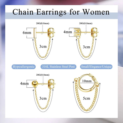 Four Pair Chain Earrings For Women With CZ Ball Studs, Dangling Front To Back Bar Huggie Hoops, Gold Tone Set, Copper Chain Drops, 3cm Length, Stainless Steel Posts, Comfortable Everyday Sparkle. 3cm chain gold-tone earring set