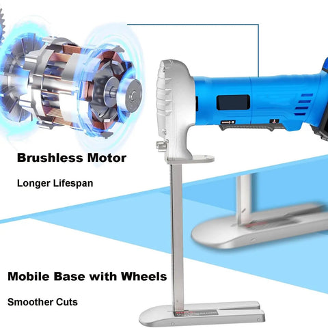 Dual Blade Foam Cutter With Hardened Alloy Blades, 3000 RPM, brushless motor detail and mobile base with wheels in blue