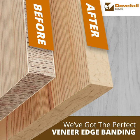 Before and after image of wood with birch edge banding veneer tape 50 ft roll three quarters inch width pre glued iron on edging