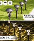 6 Pack Solar Pathway Lights Outdoor Set in garden, daytime charging and nighttime illumination, metal and glass design.