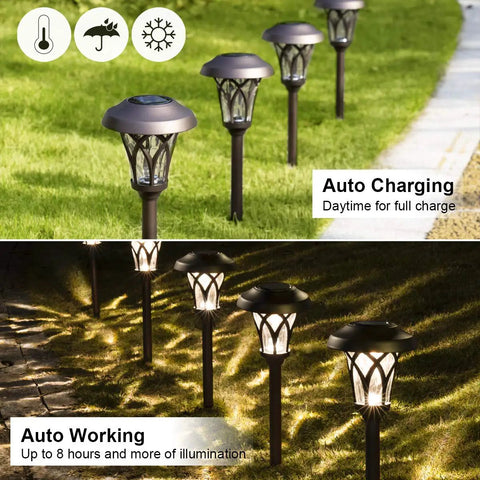 6 Pack Solar Pathway Lights Outdoor Set in garden, daytime charging and nighttime illumination, metal and glass design.