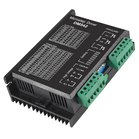 DM542 microstep driver module; black metal enclosure with green screw-terminal blocks, angled front view