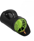 Handheld Seed Spreader For Lawn And Garden, Adjustable Shaker For Fertilizer, 2.5 Liter Capacity, shown with seeds spilling out