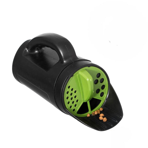 Handheld Seed Spreader For Lawn And Garden, Adjustable Shaker For Fertilizer, 2.5 Liter Capacity, shown with seeds spilling out