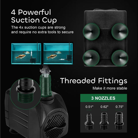 Image showing 4 suction cups and 3 nozzle sizes for 2-Pack 550GPH Submersible Pump 30W Ultra Quiet Fountain Water Pump 2000LPH for aquariums.