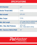Specification table with drill diameter, anchor thread UNC, bolt size, max torque, bolt length, wall thickness for Heavy Duty Toggle Bolt Strap Anchors Kit With 20 Zinc Plated Straps And 20 Steel Threaded Studs Three Eighths To Three And Five Eighths Inch Grip Range For One Quarter Twenty UNC Fasteners Holds 240 To 300 Lb On Drywall Wood Tile And Concrete.