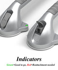 Close-up of 16.5 Inch Suction Bath Grab Bar with green and red safety indicators on silver grey handles for shower balance.
