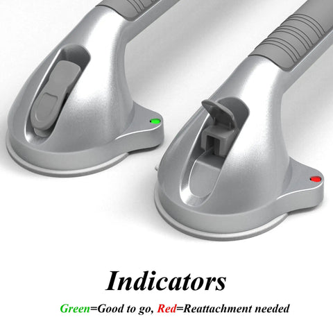 Close-up of 16.5 Inch Suction Bath Grab Bar with green and red safety indicators on silver grey handles for shower balance.