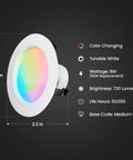 Smart 4 Inch Recessed LED Downlights With Color Changing RGBW And Tunable White, Wi Fi Enabled 2.4GHz, E26 Base, 8W, 720 lm