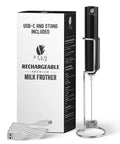 Rechargeable Milk Frother Handheld With Aluminum Body And Stainless Steel Wand, Adjustable Speed, USB C Cable And Stand Included