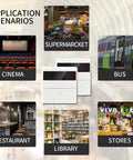Application scenarios for wireless infrared doorway people counter, including cinema, supermarket, bus, restaurant, library, and stores.