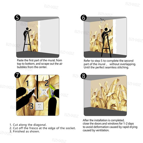 Installation guide for Gold Banana Leaf Botanical 3D Wall Mural, 160x108 inch, fabric wallpaper, showing step-by-step mural placement.