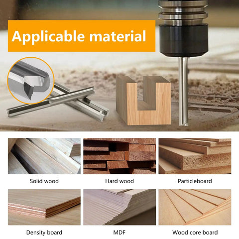 Diagram showing 1/8 Inch Straight Router Bits Set for DIY Woodworkers and CNC Milling, applicable for various wood types.