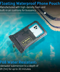 Floating IP68 black phone pouch in pool, part of Two Pack Marine Waterproof Phone Pouches XL For Beach, Boat, Kayak adventures.