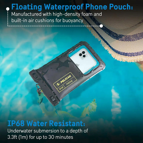 Floating IP68 black phone pouch in pool, part of Two Pack Marine Waterproof Phone Pouches XL For Beach, Boat, Kayak adventures.