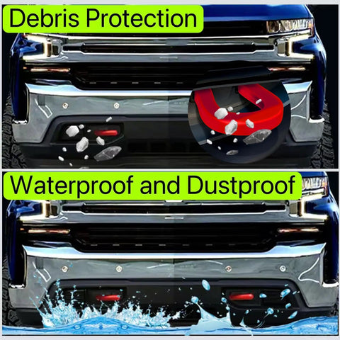 Chevy Silverado 1500 And GMC Sierra 1500 Tow Hook Cover showing debris and waterproof protection features