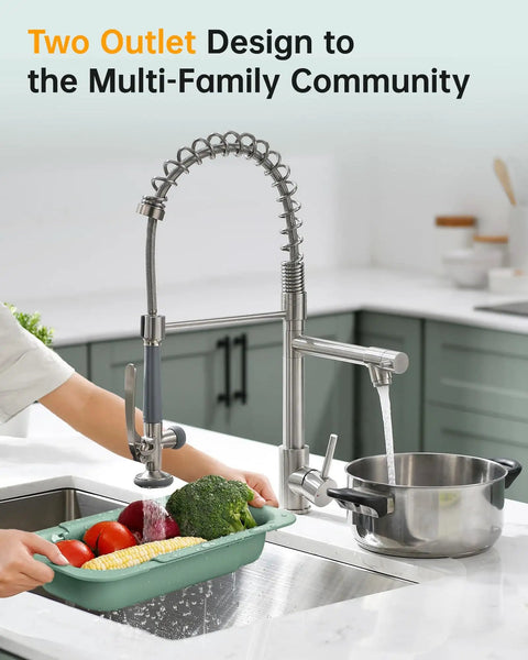 Heavy Duty Commercial Pull Down Kitchen Faucet With Sprayer In Brushed Nickel All Metal Body Pro Grade Durable Spring Magnetic Dock