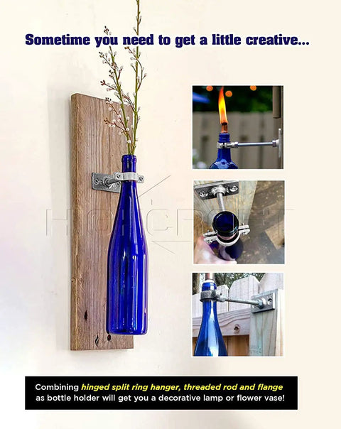 DIY wall-mounted blue bottle vase using ceiling flange hanger plate for three eighths inch threaded rod, creative decor idea
