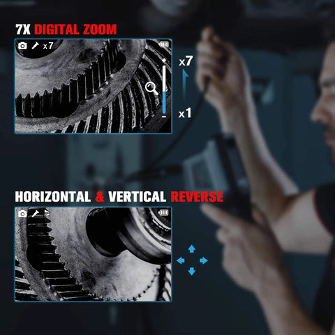 Dual Front And Side Cameras 1080P HD Inspection Camera With Semi Rigid Cable And 10 Level LED Lights, Wide View Angles 0 Degree And 90 Degree For Tight Spaces, Industrial Endoscope For Mechanics And Home Diagnostics showing 7x digital zoom and reverse view