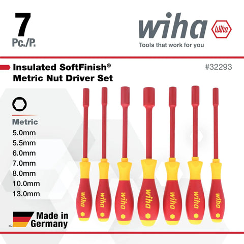 Nine Piece Pro Grade 1000 Volt Insulated Metric Nut Driver Set With SoftFinish Cush Grip For Comfort And Control Includes 5mm 6mm 7mm 8mm 9mm 10mm 11mm 12mm 13mm Sizes Individually Tested To 10kV AC For Safe Electrical Work