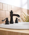 Matte Black 3 Hole Widespread Bathroom Faucet With Two Handles 8 Inch Centers Waterfall Spout Farmhouse Style Includes Pop Up Drain Assembly Supply Lines Hose Lead Free Drip Free Ceramic Cartridge Solid Brass installed on white sink in modern bathroom