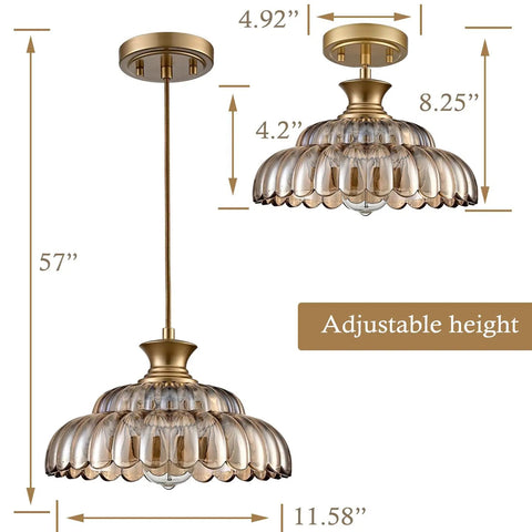 Straight Up Vintage Amber Glass Pendant Light With Ridiculously Smooth Adjustable Hanging Cord And Killer Floral Design For That Total Glow Up Look You Always Wanted, adjustable height, measurements shown.