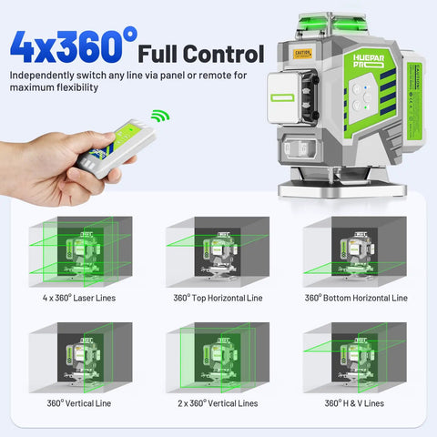 Self Leveling 360 Degree Green Cross Line Laser Level With Receiver For Outdoor Use Up To 660 Feet 4x360 Degree Coverage, remote control