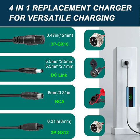 Beefed Up 42V 2A Electric Scooter Charger With LED Battery Display For 36V Li Ion Batteries Universal With 4 Connection Ports For Xiaomi Scooters Electric Bikes And Mobility Scooters