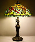 Tiffany Style Stained Glass Table Lamp Dragonfly Motif In Green And Red, 16 Inch Shade, 24 Inch Tall Antique Reading Light
