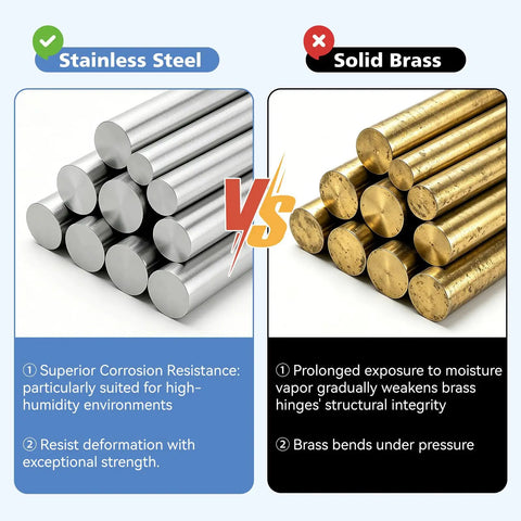 Comparison of corrosion resistance between stainless steel and solid brass for rugged stainless steel shower door hinges.