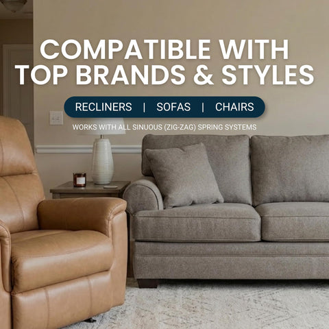 Built Tough Couch Spring Repair Kit With Zero Sag Promise for various recliners and sofas in a living room setting.