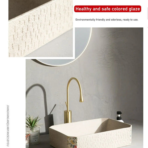 Modern Artistic Bathroom Vessel Sink - Above Counter Ceramic Washbasin for Indoor/Outdoor Use, Includes Accessories - Stylish Balcony Basin for Home Decor close-up, showing glaze and faucet.