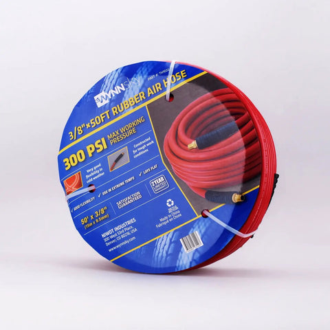 Built Tough 50 Feet Heavy Duty Rubber Air Hose For Compressors 3/8 Inch Thick Handles Up To 300 Psi coiled with brass ends shown.