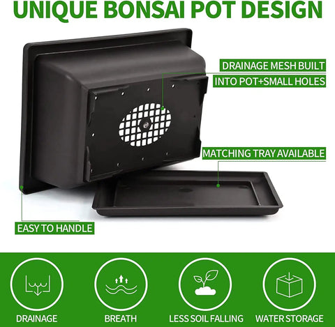 Unique bonsai pot design with drainage mesh, part of the Five Piece Bonsai Tree Kit With Self Watering Pots For Indoor Growth.