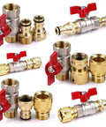 Half Inch Brass Ball Valve Hose Adapter With 16mm Quick Connector For Garden Irrigation And Watering Fittings Extender Coupling Joint Easy Install Ideal For DIY Garden Projects And Quick Watering Setup On Any Hose System, brass and red valve