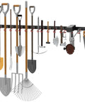 Solid Metal 64 Inch Wall Mount Garden Tool Organizer With 4 Rails And 16 Hooks For Garage Or Shed, tools hanging