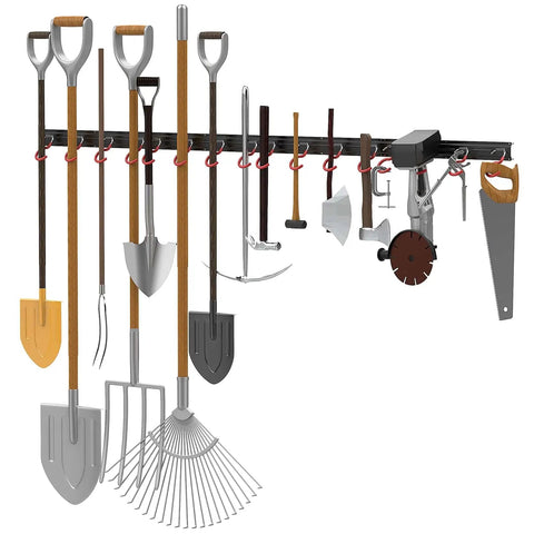 Solid Metal 64 Inch Wall Mount Garden Tool Organizer With 4 Rails And 16 Hooks For Garage Or Shed, tools hanging