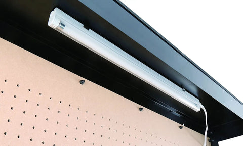 13 Watt Fluorescent Cabinet Lamp on Heavy Duty Multipurpose Workbench With Built In Outlets And Light For DIY Garage Projects Steel Pegboard