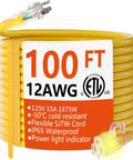 Tough As Nails Heavy Duty Outdoor Extension Cord 100 Ft Waterproof With Lighted End, Flexible Cold Resistant 12 AWG SJTW 3 Prong 15 Amp 1875 Watt Yellow ETL Listed