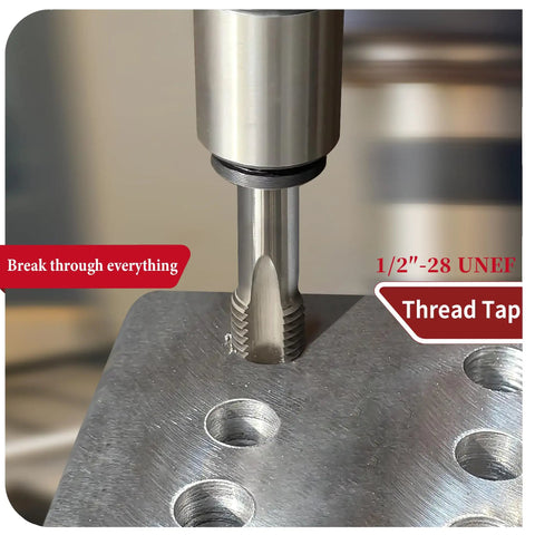 Close-up of 1/2-28 UNEF threading tap in metal, part of the One Half Inch Twenty Eight UNEF Tap And Die Set HSS Right Hand.