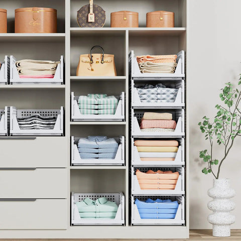 Five Pack Stackable Closet Storage Baskets Set Waterproof Foldable Organizer White for Shoes Clothes Hats Storage
