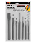 Pro Grade 7 Piece Punch And Chisel Set Built With High Carbon Steel For Metalworking in packaging with center punches visible