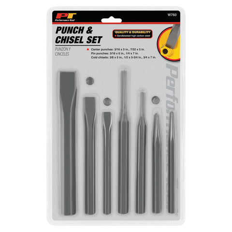 Pro Grade 7 Piece Punch And Chisel Set Built With High Carbon Steel For Metalworking in packaging with center punches visible