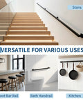 Heavy Duty Ten Foot Black Metal Stair Railings Indoor And Outdoor Featuring Hella Sturdy Wall Mounted Construction For Rock Solid Five Hundred Pound Load Capacity And Maximum Family Safety With Zero Wobble on modern stairs with lighting.